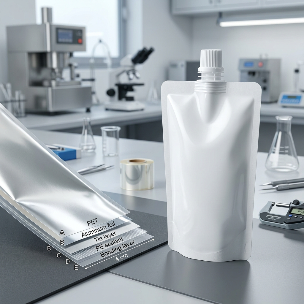 Laminated flexible packaging materials used to assess a spout pouch sample structure