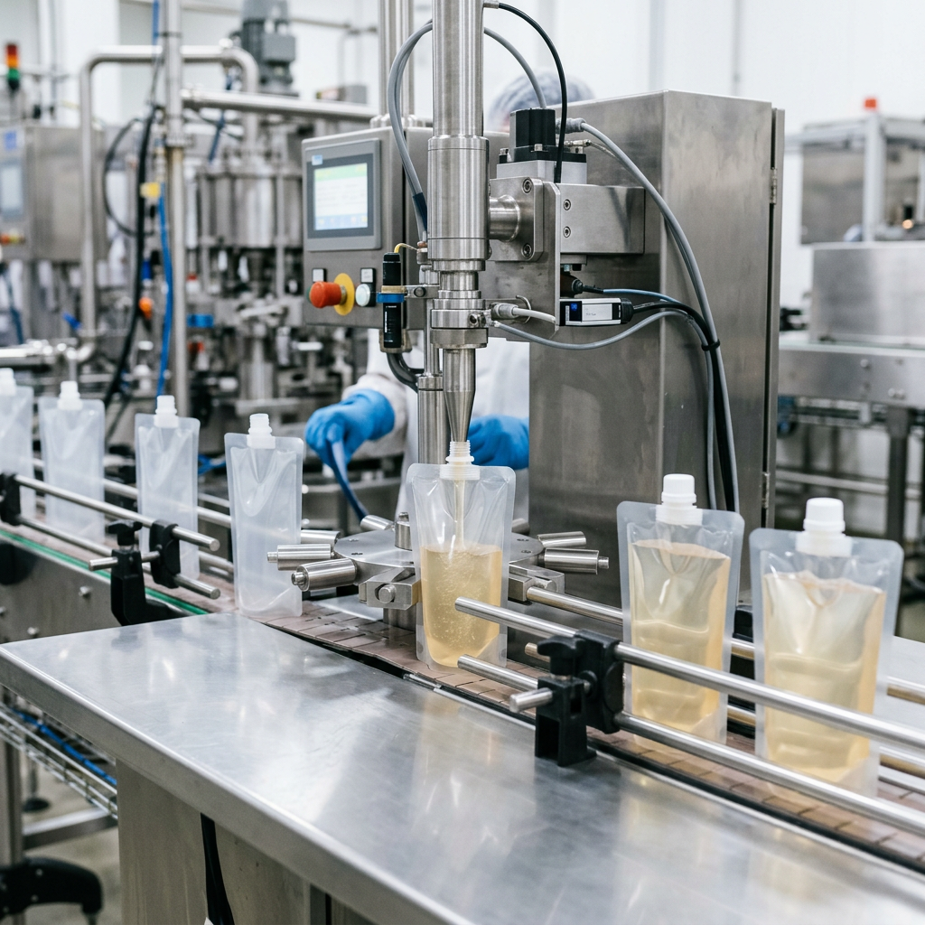 Spout pouch samples undergoing a controlled liquid filling trial
