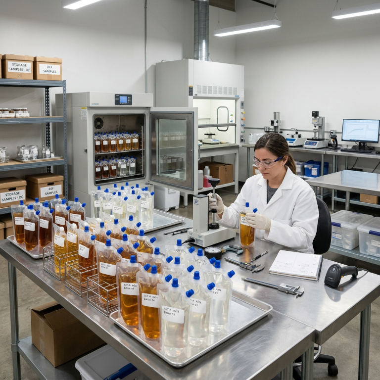 Filled spout pouches arranged for shelf-life testing and package integrity inspection
