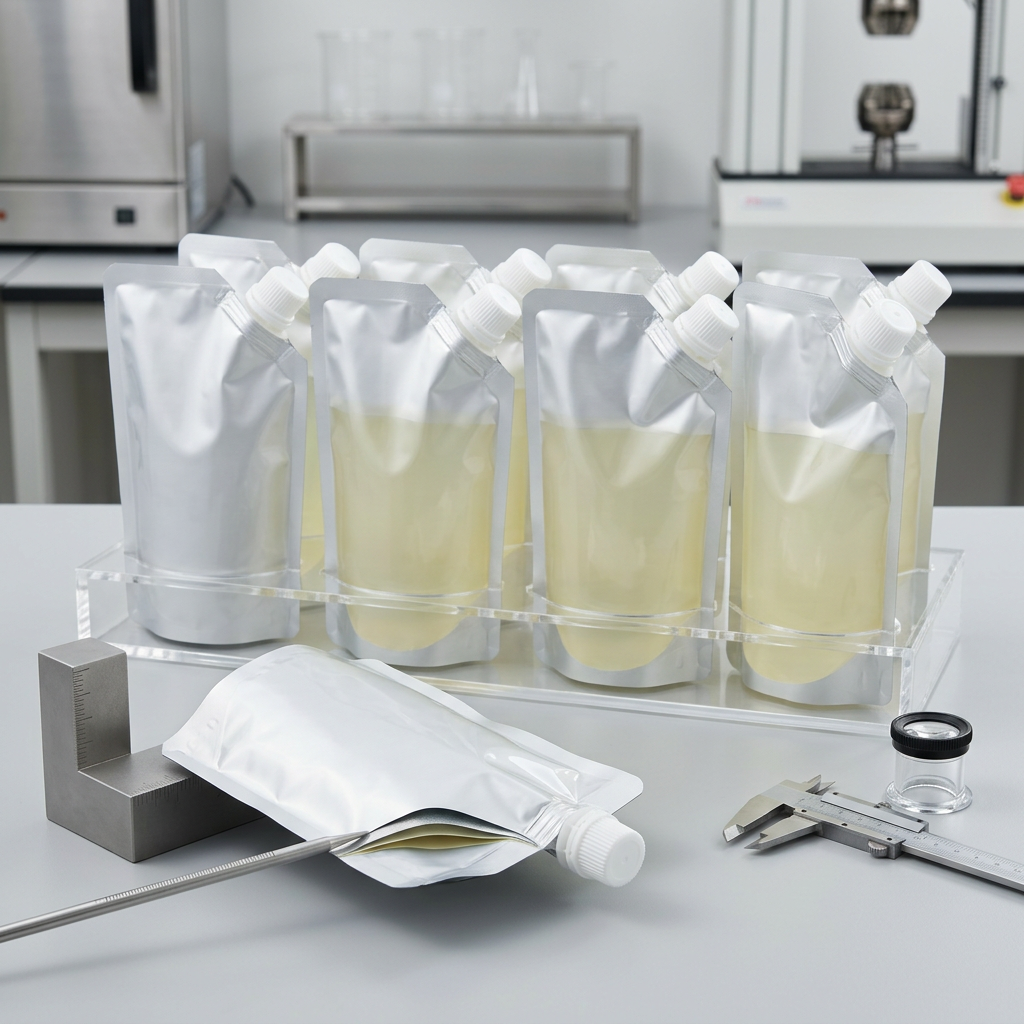 Filled spout pouch samples prepared for package compatibility testing
