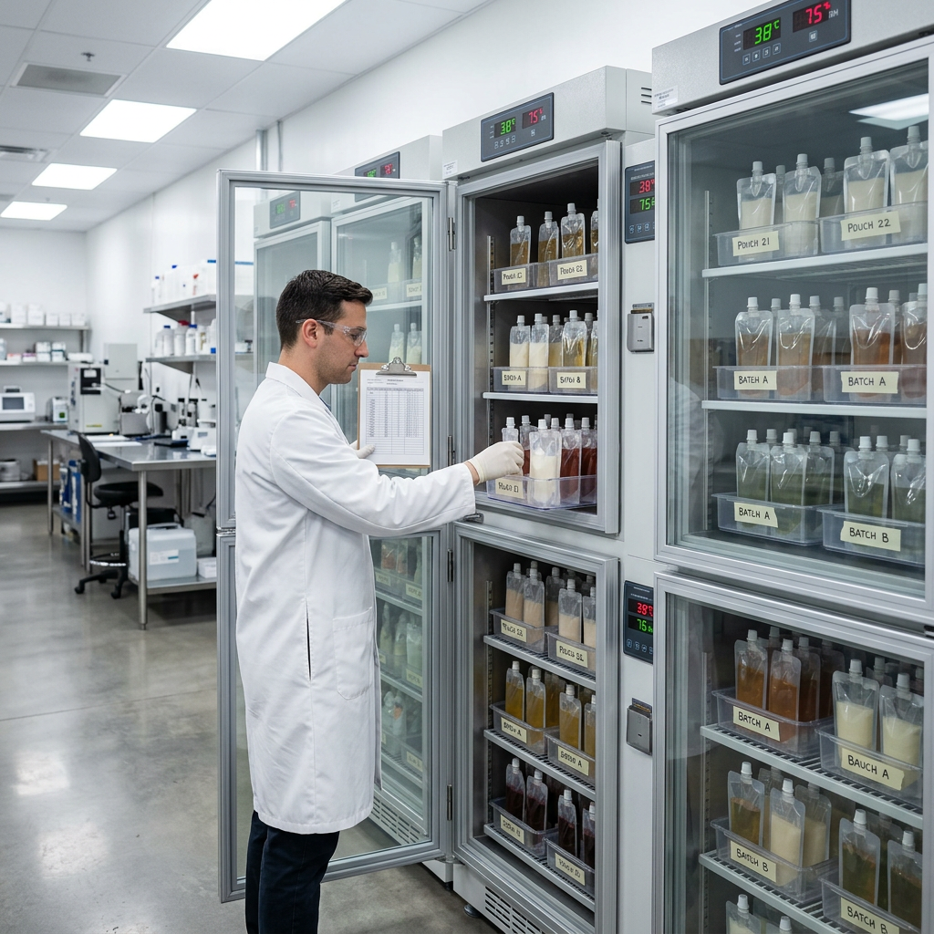 Spout pouch samples stored under controlled shelf-life testing conditions