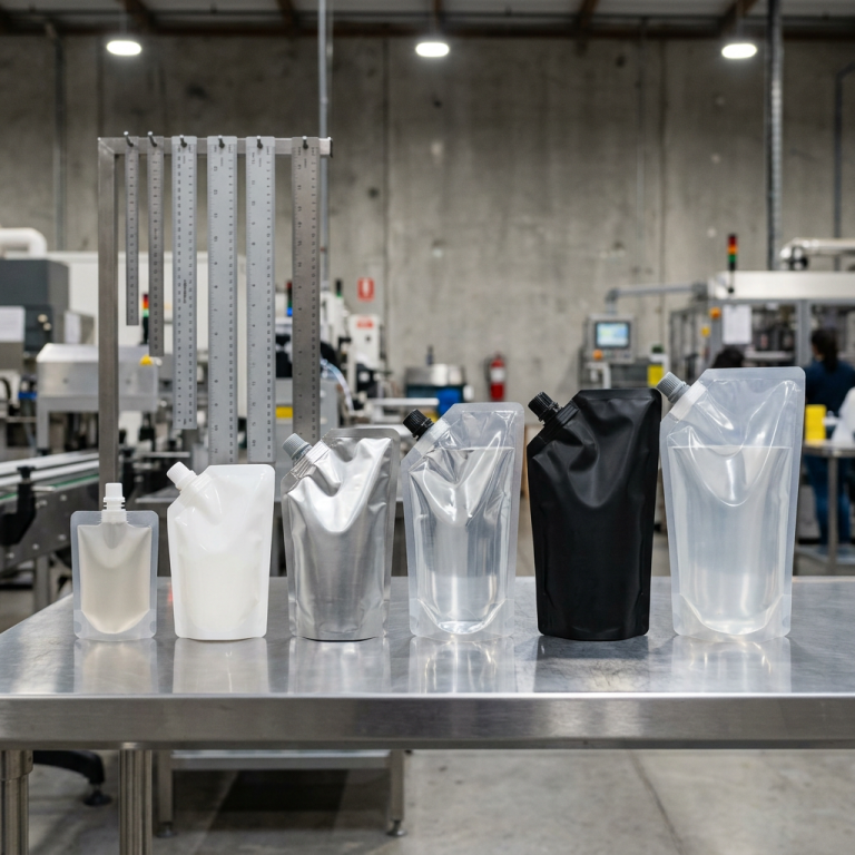 Spout pouches in different capacities and fitment configurations