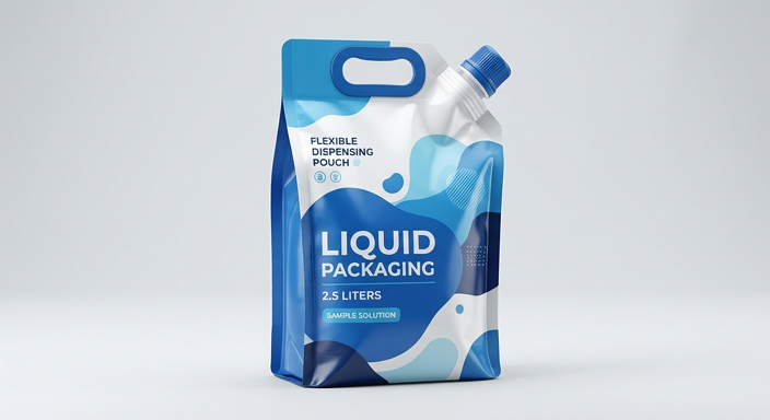 Custom flexible liquid pouch with an integrated handle and capped spout