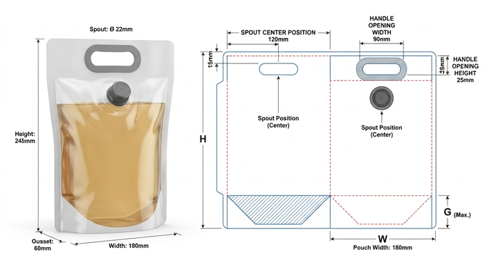 Specification drawing for a handled spout pouch showing key dimensions