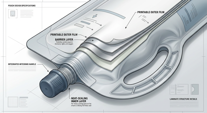 Flexible spout pouch laminate structure with outer, barrier, and sealant layers