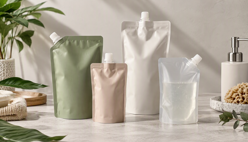 Unbranded cosmetic spout pouch formats for refill packaging