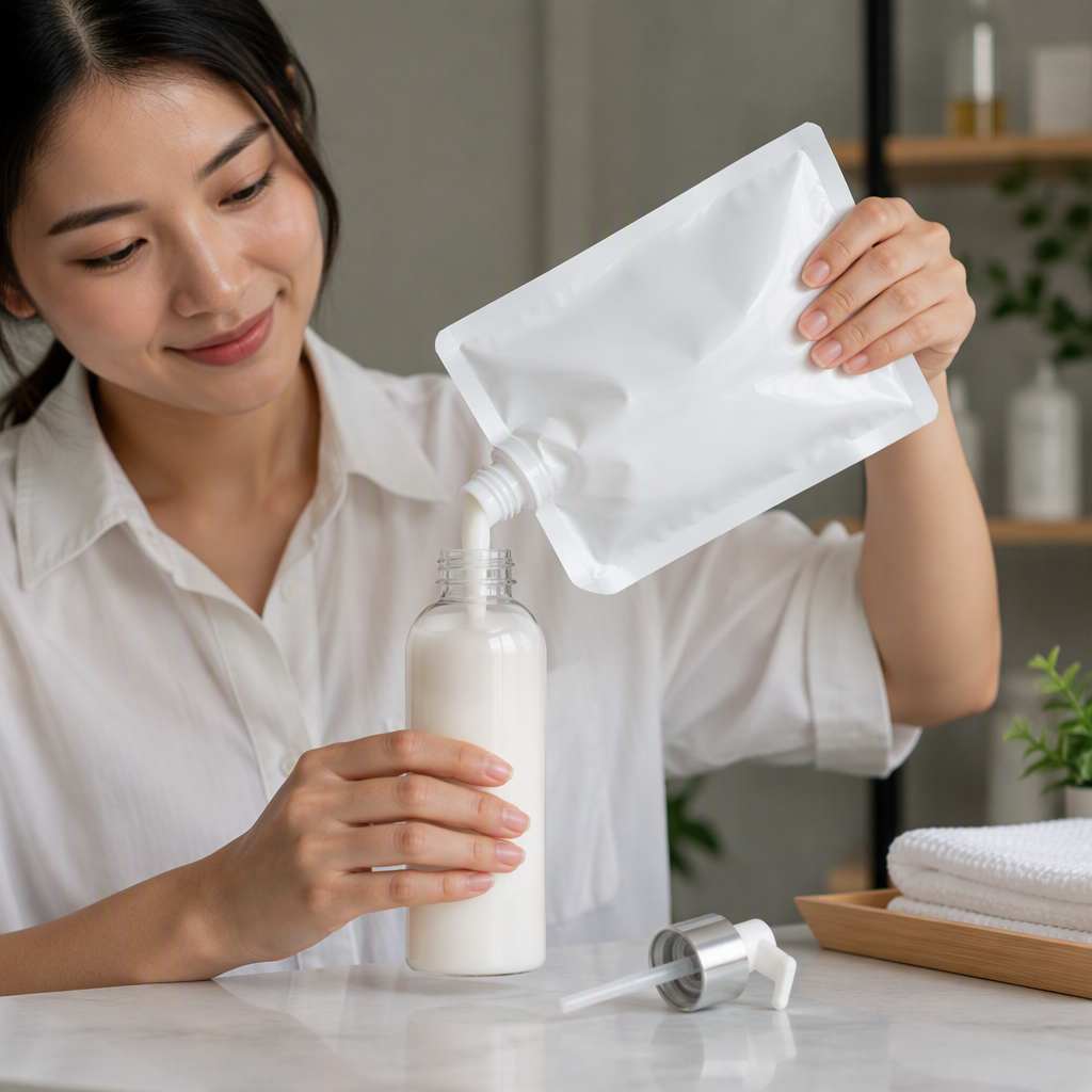 Cosmetic spout pouch refilling a reusable dispenser bottle