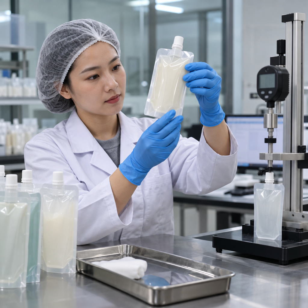 Quality testing of a filled cosmetic spout pouch