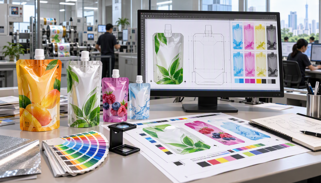 Custom spout pouches beside a packaging artwork dieline and color proof