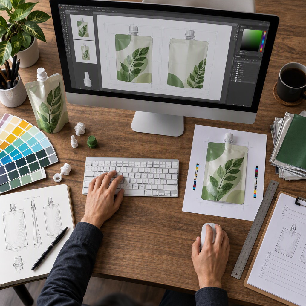 Prepress workstation with custom spout pouch artwork files and printed proof