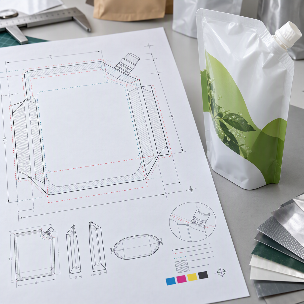 Spout pouch dieline showing panels, gusset, seals, and fitment position