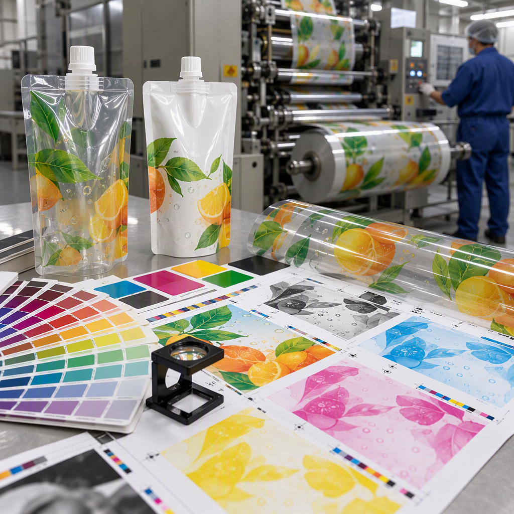 Flexible packaging color separations with printed film and spot-color references