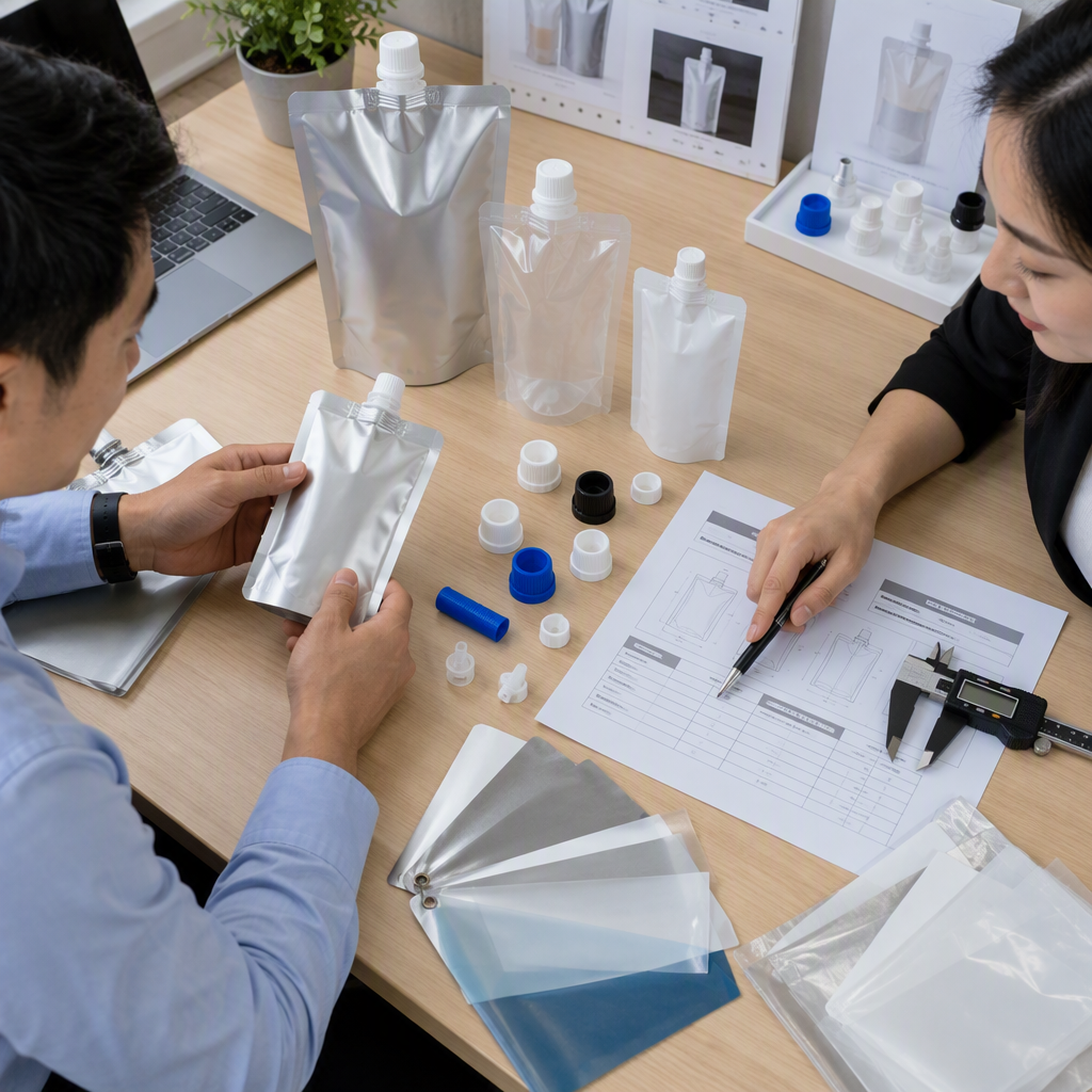 Spout pouch samples and specifications being reviewed for a manufacturing quote