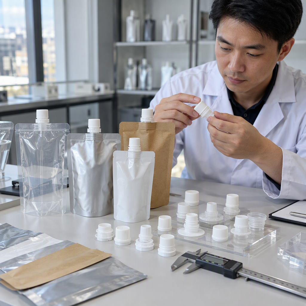 Spout fitments and caps evaluated for custom pouch production