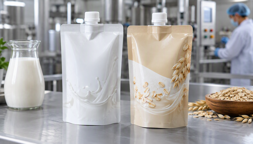 Dairy and plant-based drink spout pouches for flexible beverage packaging