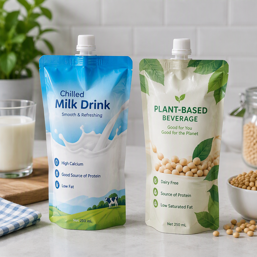 Milk and plant-based beverage pouches with spouts and caps