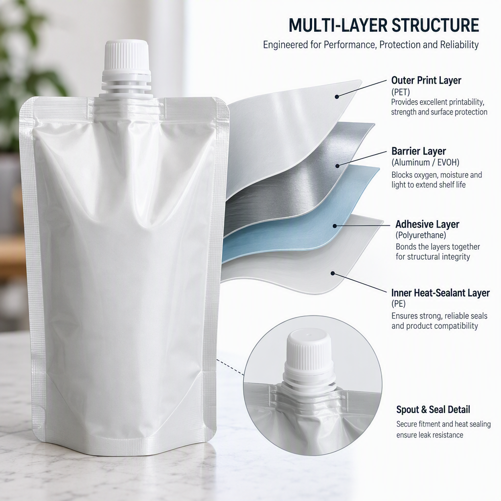 Multilayer flexible pouch film showing printed, barrier, and sealant layers
