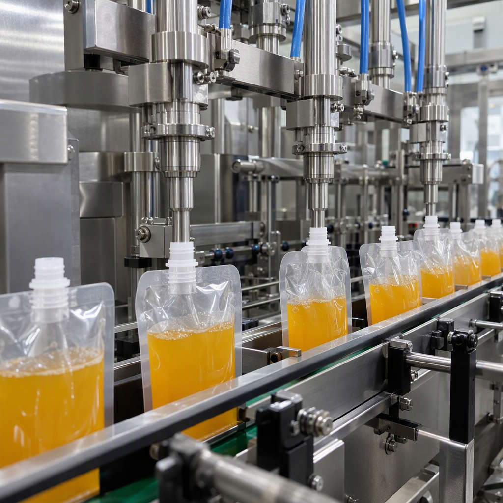 Spout pouches moving through a beverage filling and sealing line