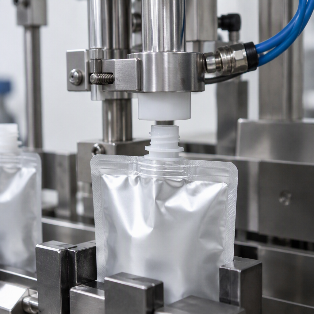 Spout pouch fitment aligned with beverage filling equipment
