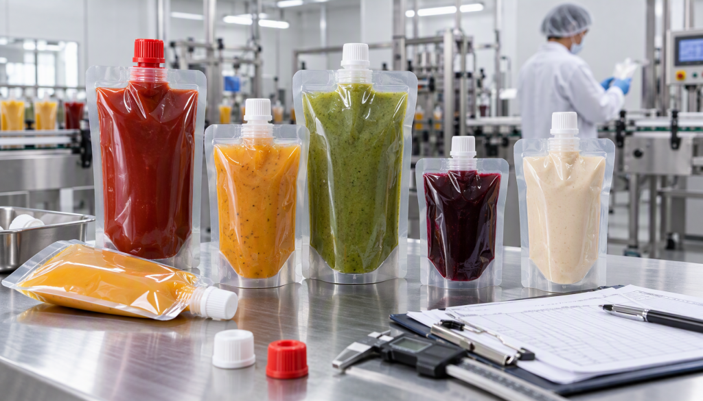 Food-contact spout pouches and specification documents on a packaging quality-control table