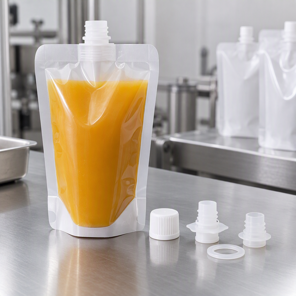 Food-contact pouch, spout, and closure shown as a complete packaging system