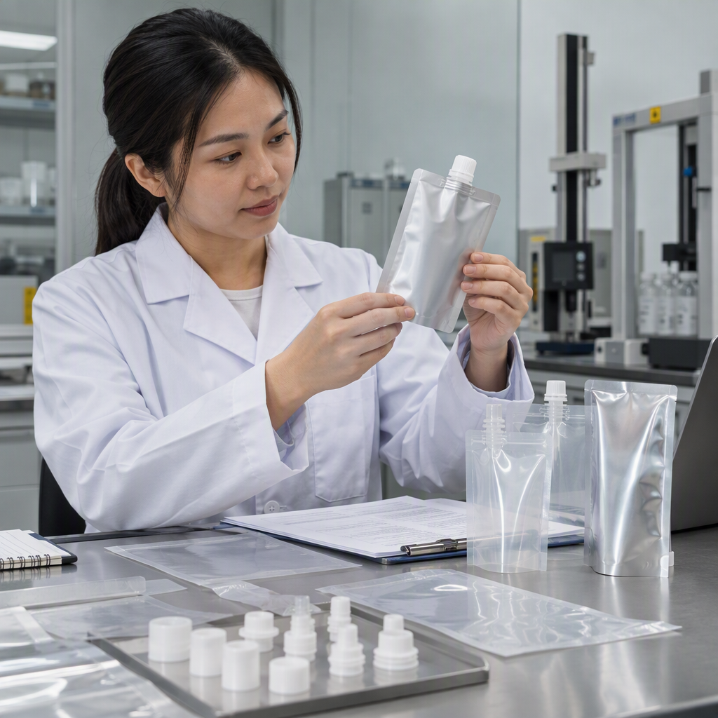 Packaging specialist reviewing food-contact documentation and pouch samples