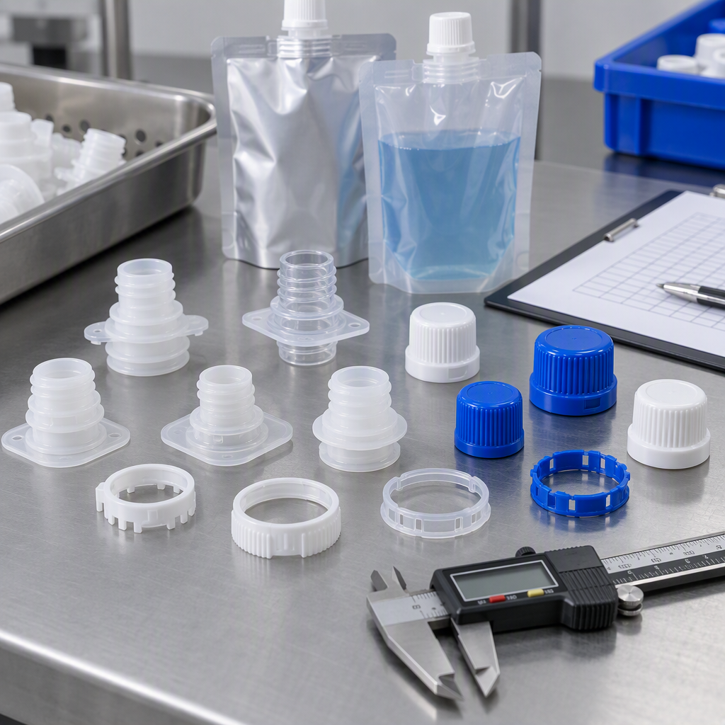 Spout pouch fitments and closures prepared for dimensional inspection