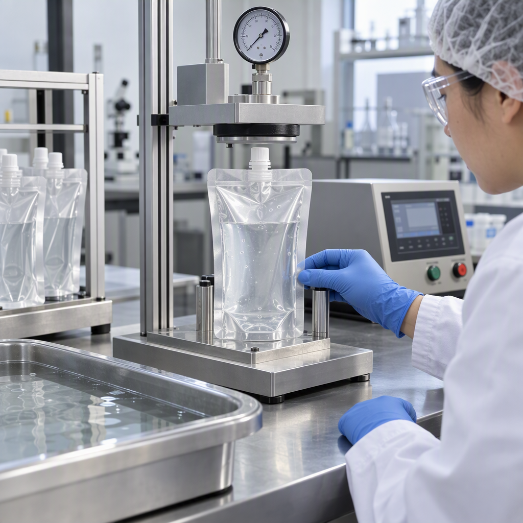 Filled food spout pouch undergoing package-integrity testing