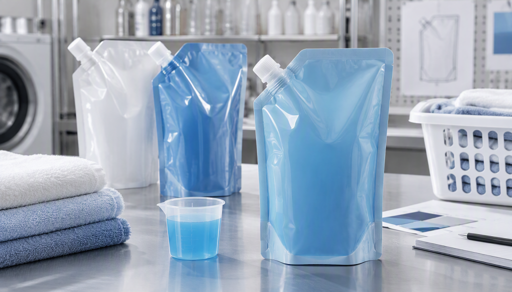 Unbranded liquid detergent spout pouches with corner caps on a packaging workbench