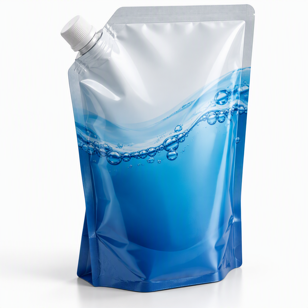 Stand-up liquid detergent pouch showing its corner spout, cap, gusset, and sealed edges