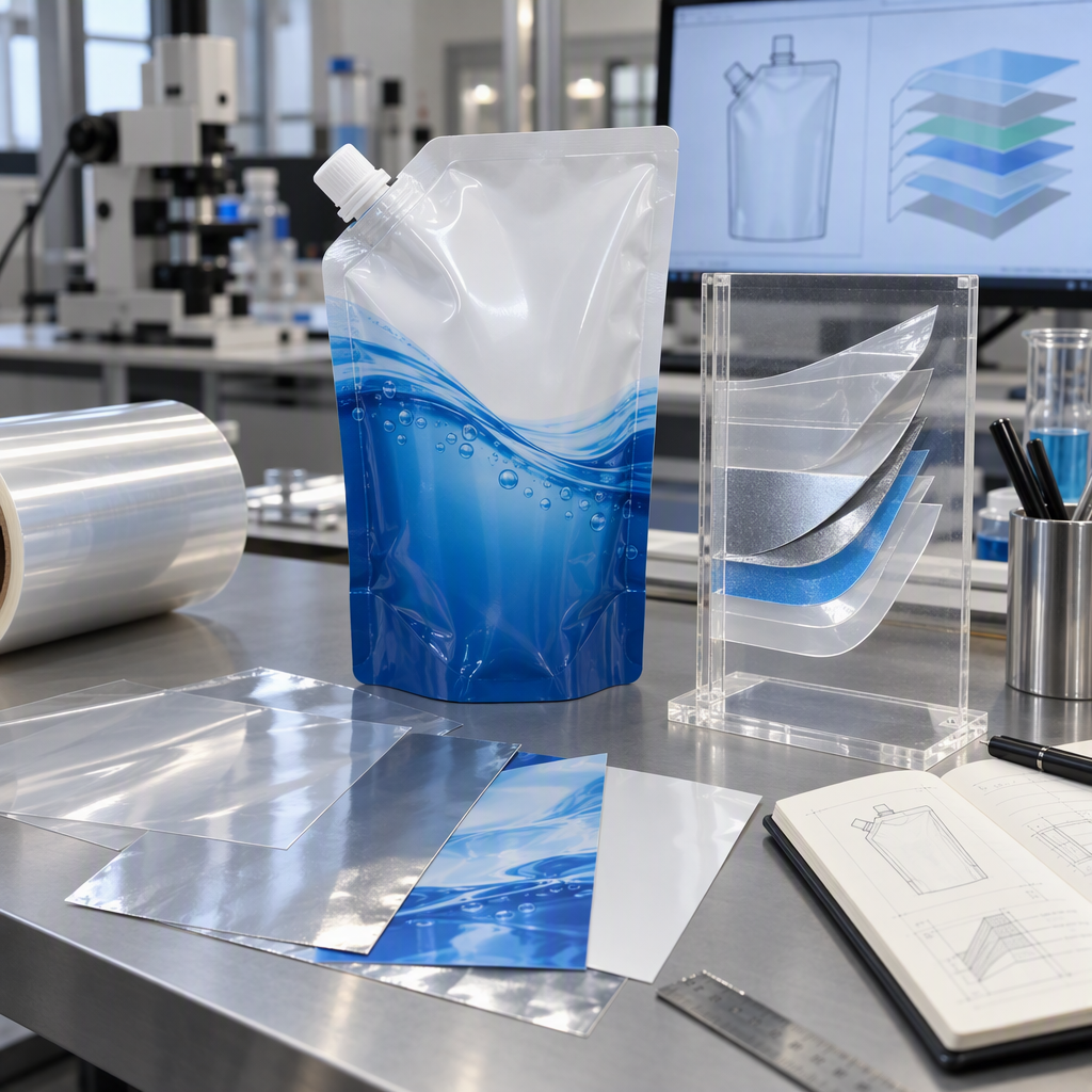 Flexible laminate film samples beside an unbranded detergent spout pouch