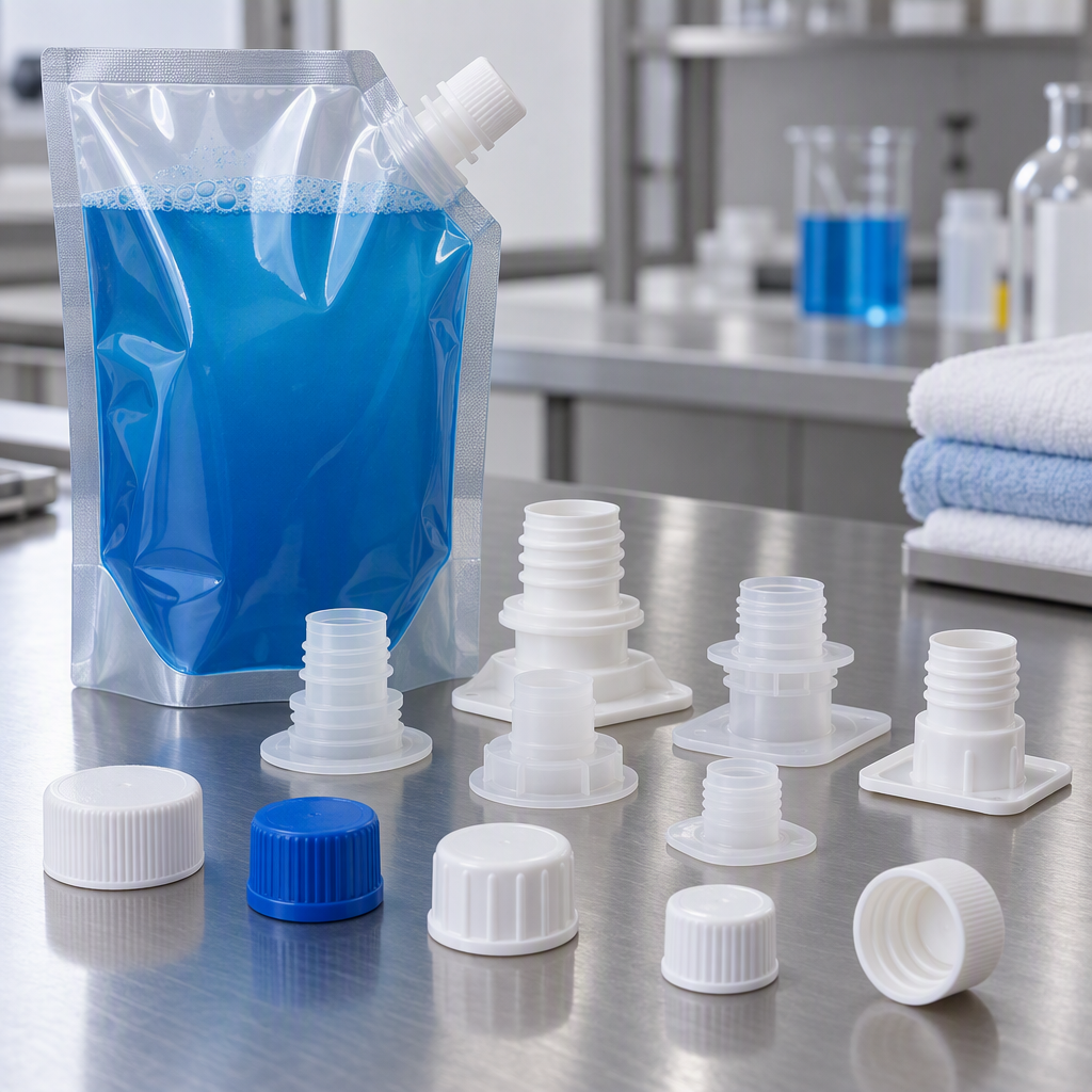 Spout fitments and caps for liquid detergent pouch evaluation