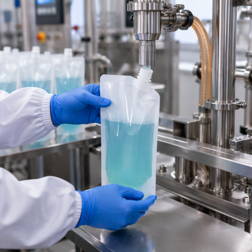 Liquid detergent spout pouch undergoing a filling equipment trial