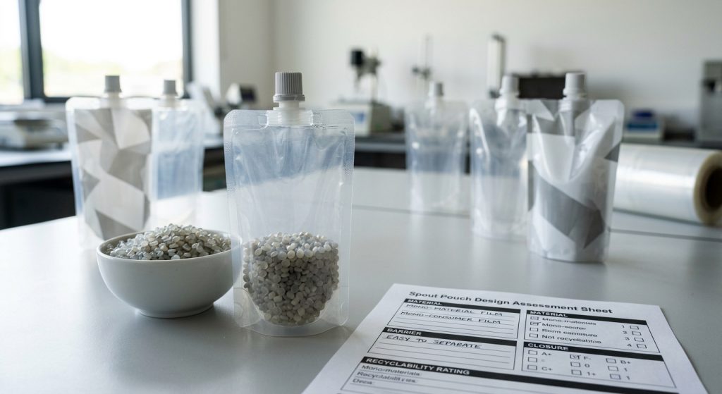 Recyclable spout pouches with mono-material film and PCR resin options