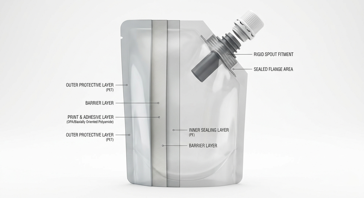 Flexible spout pouch showing film and fitment components