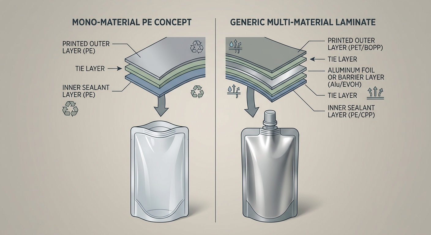 Conceptual mono-material spout pouch film structure
