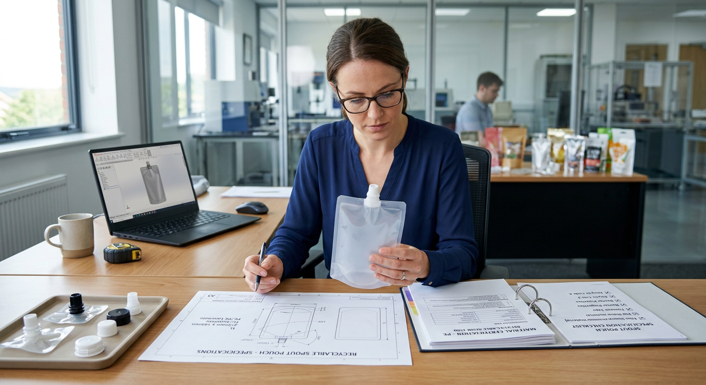 Packaging buyer reviewing recyclable spout pouch specifications