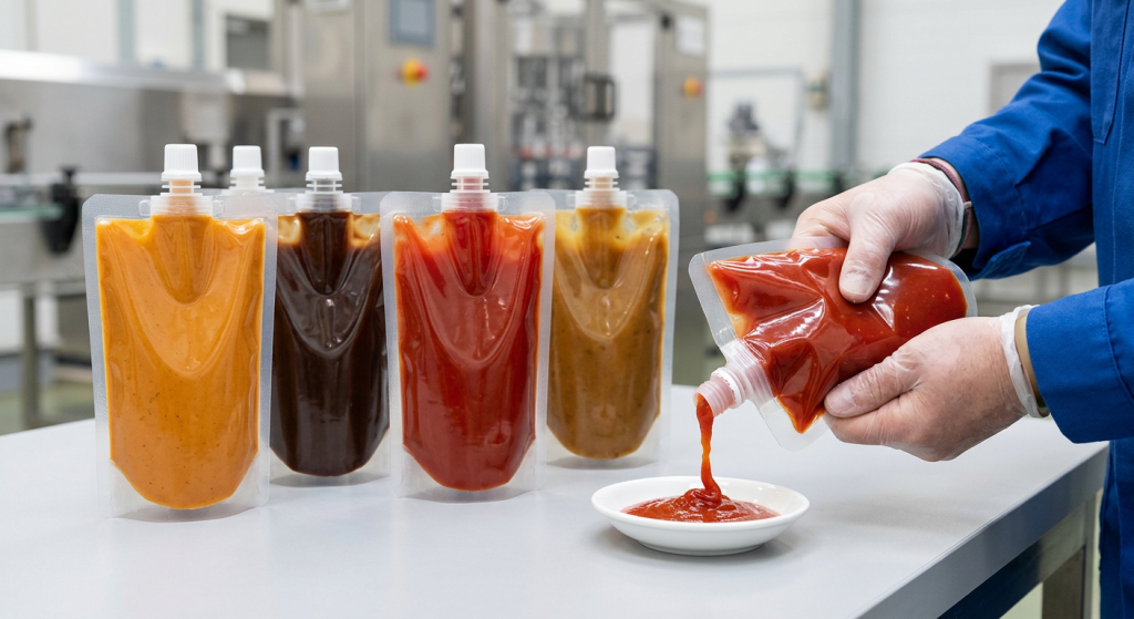 Sauce spout pouches with different fitments for controlled condiment dispensing