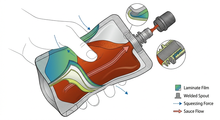 Diagram of a sauce spout pouch dispensing system