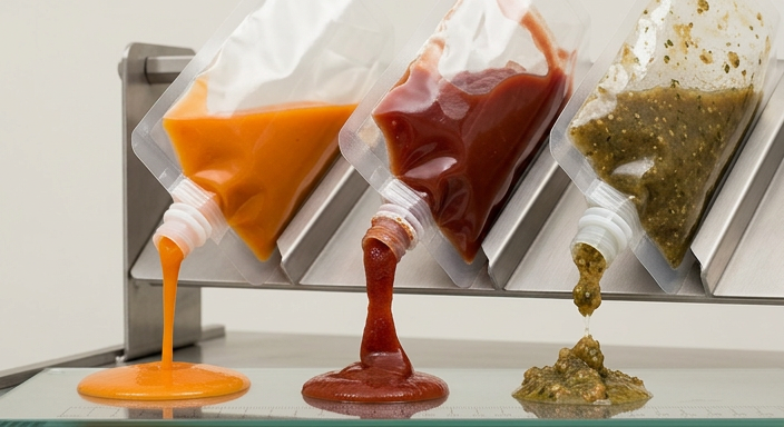 Different sauce flow behaviors being evaluated from spout pouches