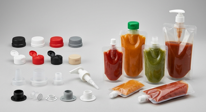 Examples of caps and fitments for sauce spout pouches