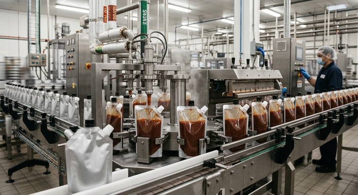 Hot-fill sauce spout pouches during filling and sealing