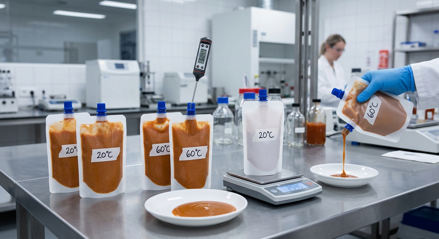 Laboratory validation of sauce pouch flow and dispensing performance