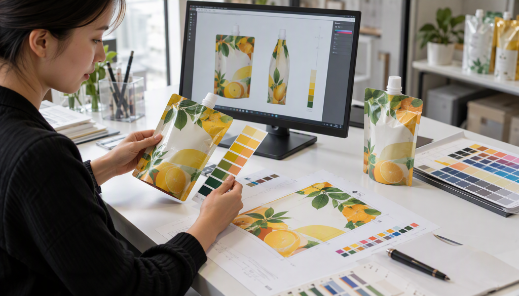 Spout pouch beside a production dieline and print color separations