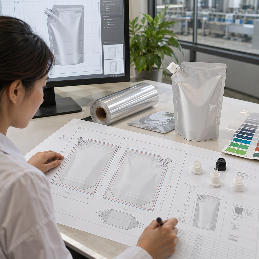 Production dieline showing panels, gusset, seals, bleed, and spout zone