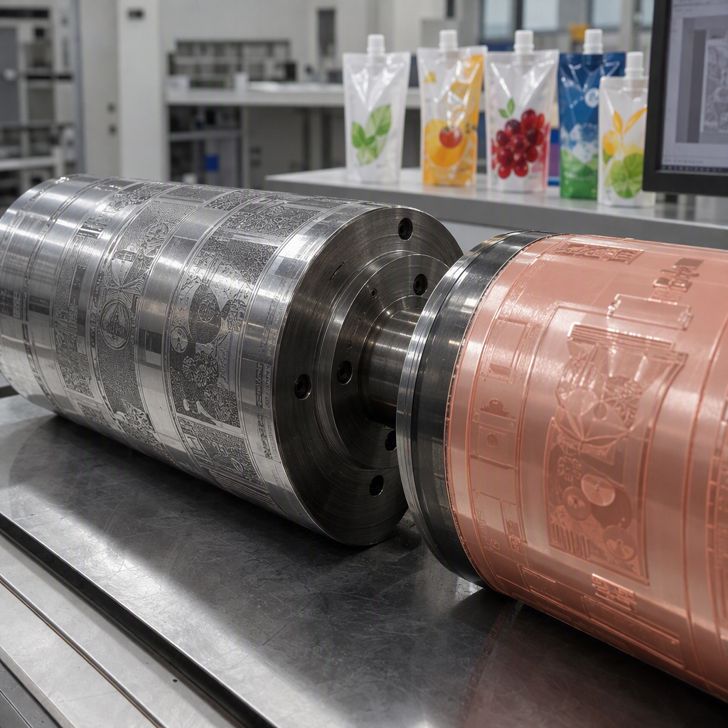 Rotogravure cylinder and flexographic plate for pouch printing