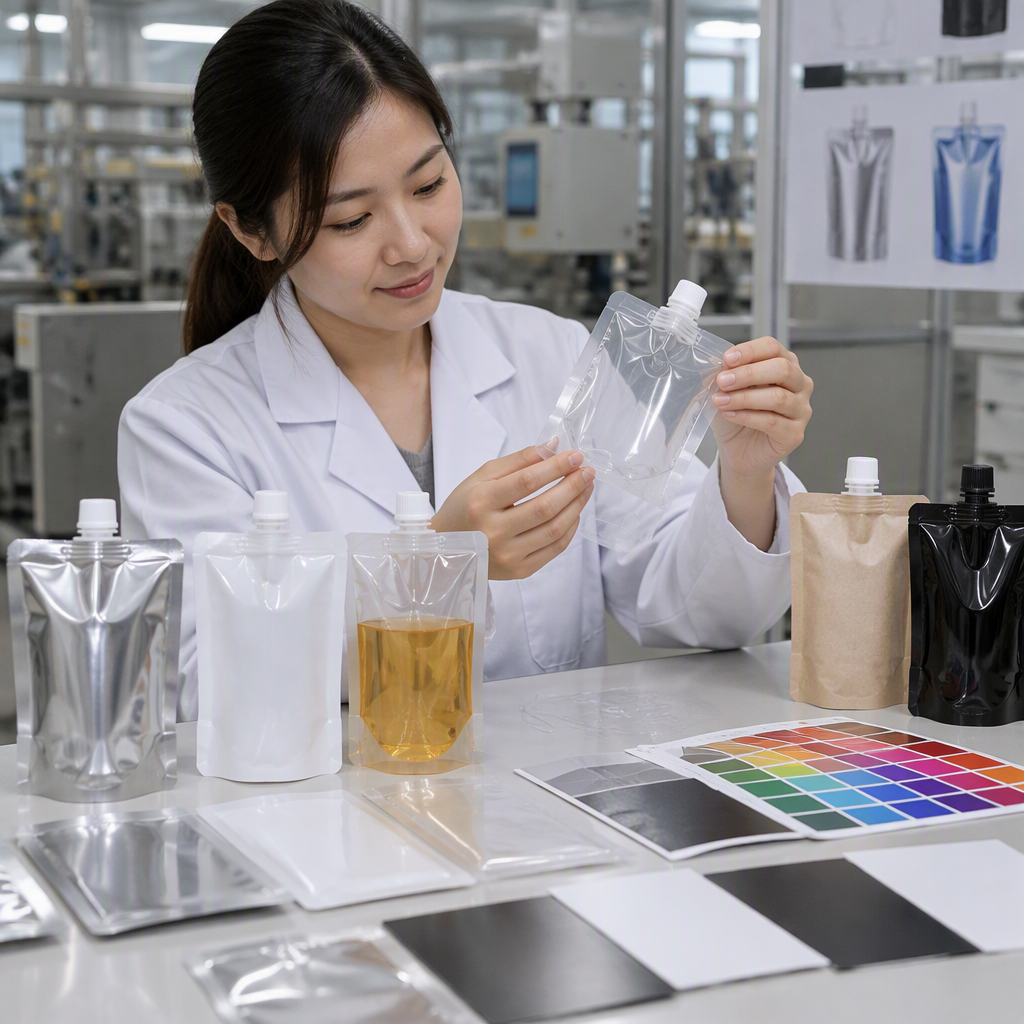 Pouch film samples comparing white ink, transparency, matte, and gloss areas
