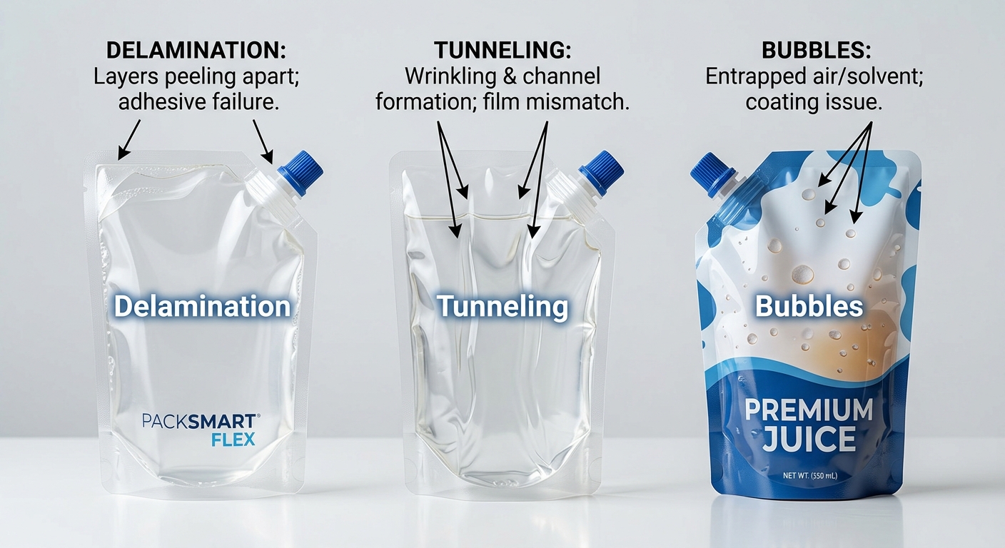 Lamination Defects: Delamination, Tunneling, and Bubbles