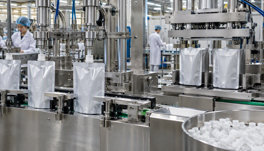 Through-spout and open-top spout pouch filling methods in a packaging facility
