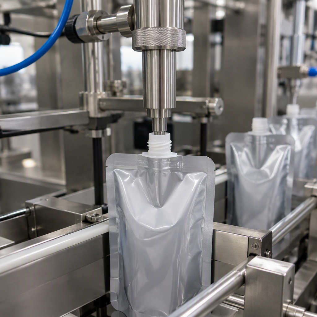 Filling nozzle dosing liquid through a pre-attached pouch spout